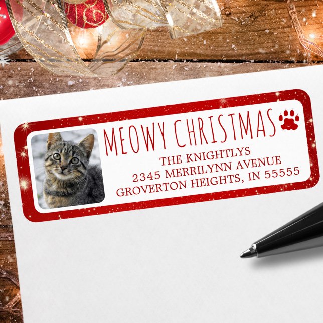 Etiqueta Gracioso gato NAVIDADES MEOWY Foto Huella roja (Subido por el creador)