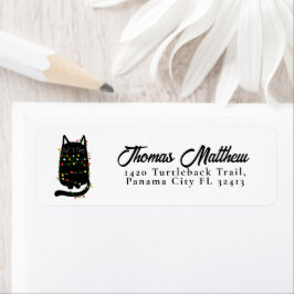 Etiqueta Gracioso Gato Negro Envuelto En Luz De Navidades