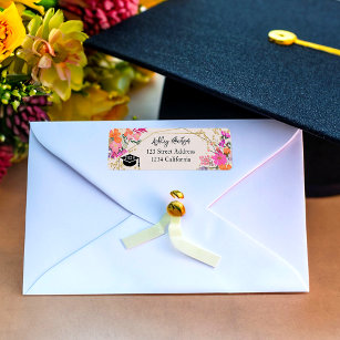 Etiqueta Graduación de acuarela floral purpurina de oro