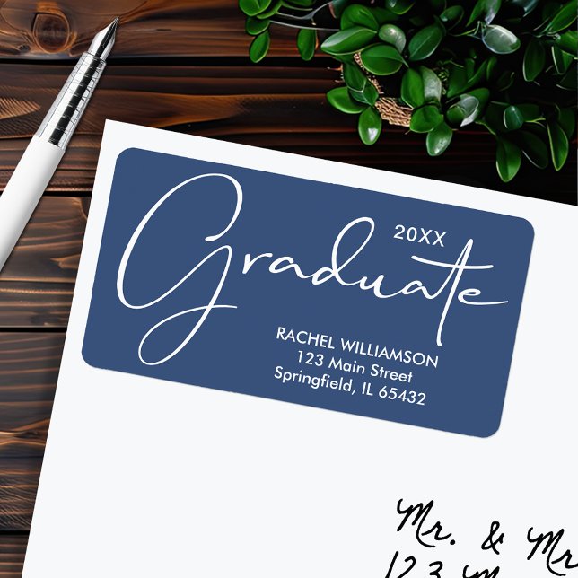 Etiqueta Graduación Elegante Script Dirección de retorno az (Graduation Elegant Script Blue Return Address Labels)
