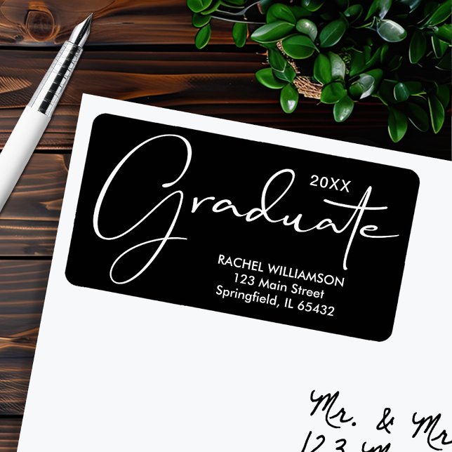 Etiqueta Graduación Elegante Script Dirección de retorno ne (Graduation Elegant Script Black Return Address Labels)
