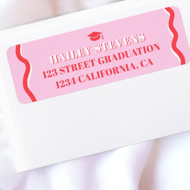 Etiqueta Graduación ondulada de curva roja rosada retro (Retro pink red curve squiggle wavy graduation label)