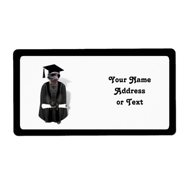 Etiqueta Graduado Meerkat con traje gris y negro (Frente)