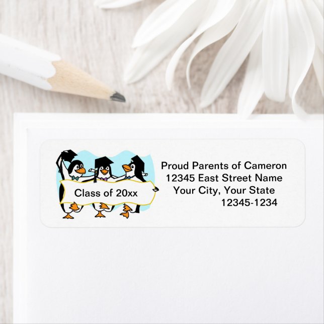 Etiqueta Graduating Dancing Penguins w/Banner (In situ)