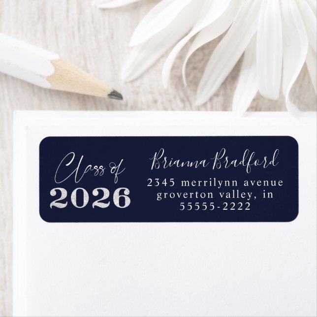 Etiqueta Graduation 2026 Navy Blue Silver Glitter (In situ)