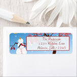 Etiqueta Gran y caprichoso discurso de Snowman<br><div class="desc">Candy Cane Tree Cute Adorable Snowman mirando hacia el cielo Navidades rojos y azules Regresan las etiquetas de direcciones Diseños de Sandra</div>
