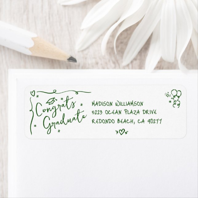 Etiqueta Green Hand Drawn Doodle Graduation White Address (In situ)