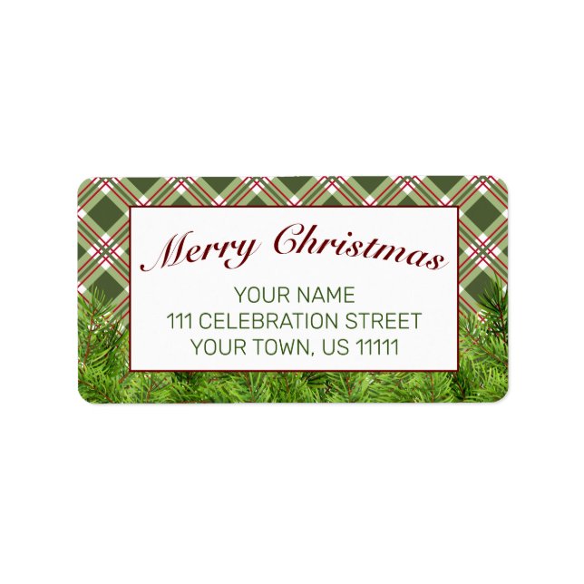 Etiqueta Green Red Plaid and Pine Merry Christmas Address (Frente)