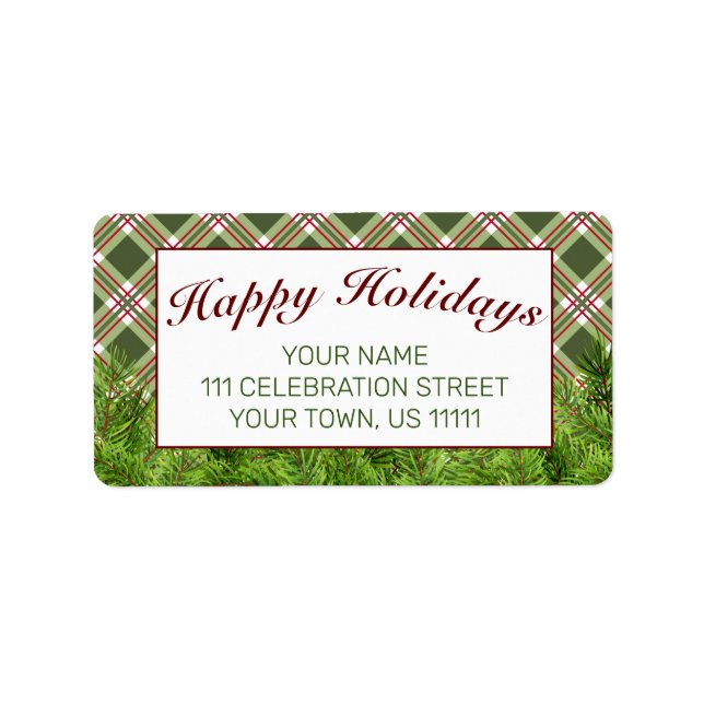 Etiqueta Green Red Plaid & Pine Happy Holidays (Frente)