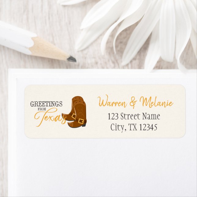 Etiqueta Greetings From Texas Address (In situ)