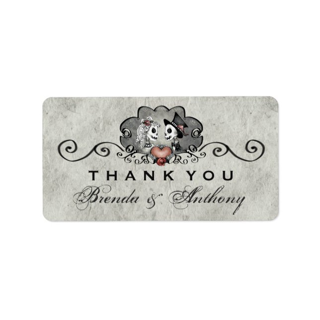 Etiqueta Gris Black & White Skeletons Corazón Gracias (Frente)