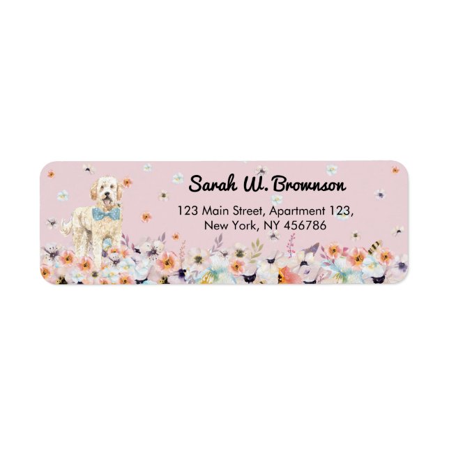 Etiqueta Groodle Goldendoodle flores rosadas (Frente)