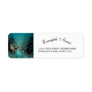 Etiqueta Hada linda con el dragón del vapor en un bosque d