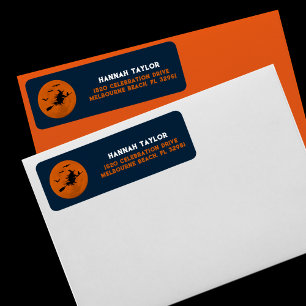 Etiqueta Halloween Black Witch Flying Naranja Moon