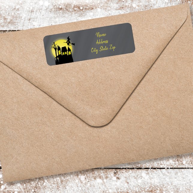 Etiqueta Halloween Black Witch Haunty House (Halloween customized witchy return address label. )