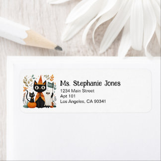 Etiqueta Halloween con gatos negros y fantasmas personaliza