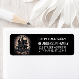 Etiqueta Halloween de Hauned House con calabazas y murciéla