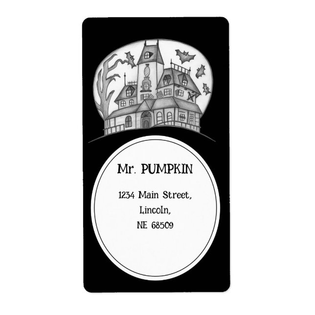Etiqueta Halloween de Haunted House y Bats (Frente)