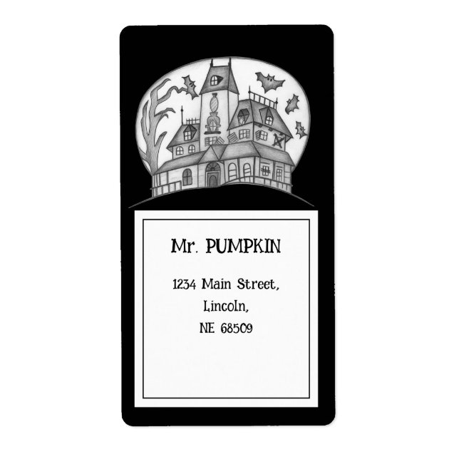 Etiqueta Halloween de Haunted House y Bats (Frente)