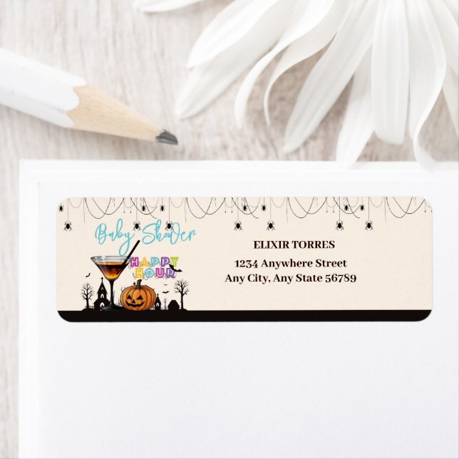 Etiqueta Halloween Happy Hour Pumpkin Cocktail Baby Shower (In situ)