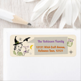 Etiqueta Halloween Party Retro Witch Custom Name Address