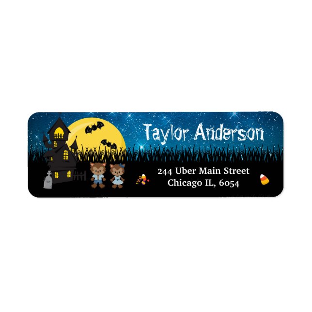 Etiqueta Halloween Werewolf Haunted House Blue (Frente)