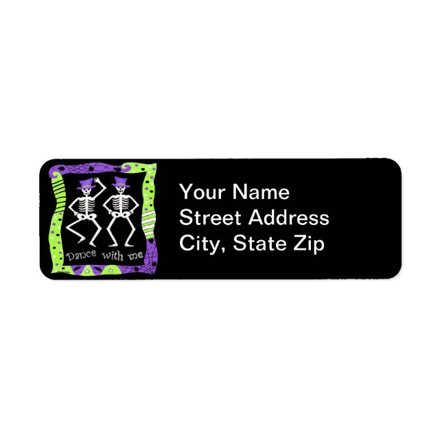 Etiqueta Halloween Whimsy Dancing Skeletons Black Purple (Frente)