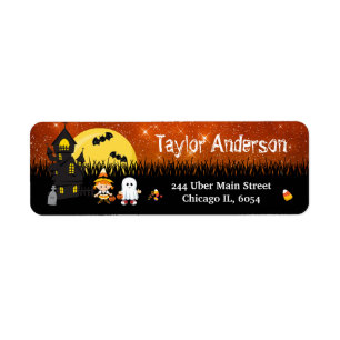 Etiqueta Halloween Witch Ghost Hauned House Naranja