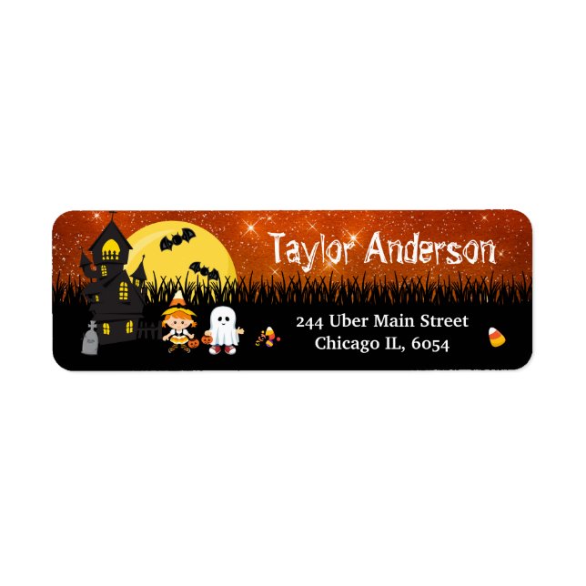 Etiqueta Halloween Witch Ghost Hauned House Naranja (Frente)