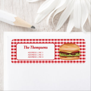 Etiqueta Hamburguesa sobre Gingham Rojo con Texto Personali