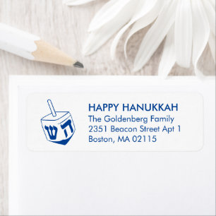 Etiqueta Hanukkah dreidel personalizado azul y blanco moder