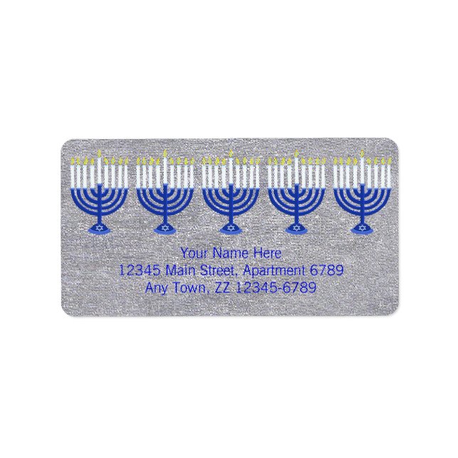 Etiqueta Hanukkah Menorah Azul Oscuro En Flauta De Plata (Frente)
