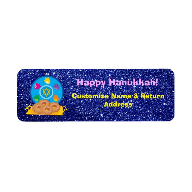 Etiqueta Hanukkah Plate con Dreidels Blue Faux Purpurina (Frente)