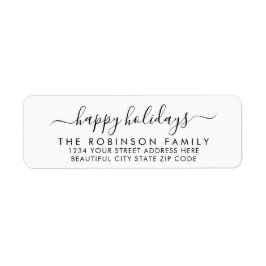 Etiqueta Happy Holidays Black White Script Return Address