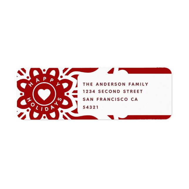 Etiqueta Happy Holidays Heart Snowflake Red White (Frente)