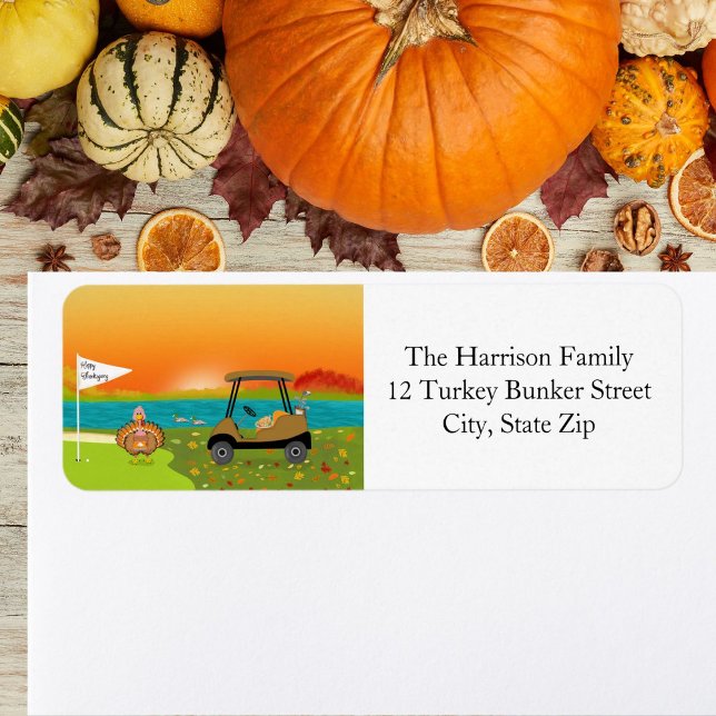 Etiqueta Happy Thanksgiving Turkey on Golf Course With Pie  (Subido por el creador)