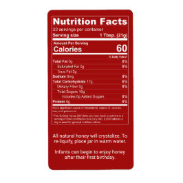 Etiqueta Hechos de nutrición de miel roja oscura + adverten