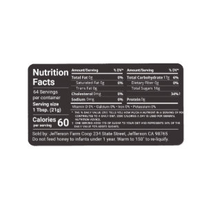 Etiqueta Hechos de nutrición de miel tabular Jet Black