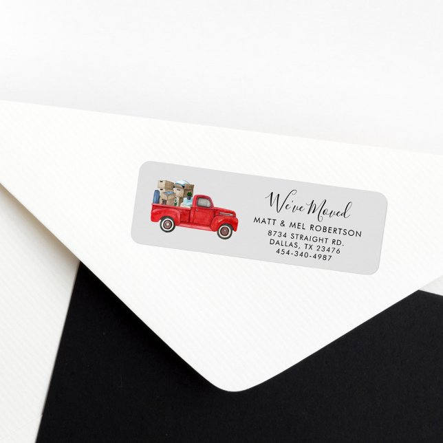 Etiqueta Hemos movido la nueva dirección moviendo la direcc (We Have Moved Watercolor Red Truck Return Address Label)