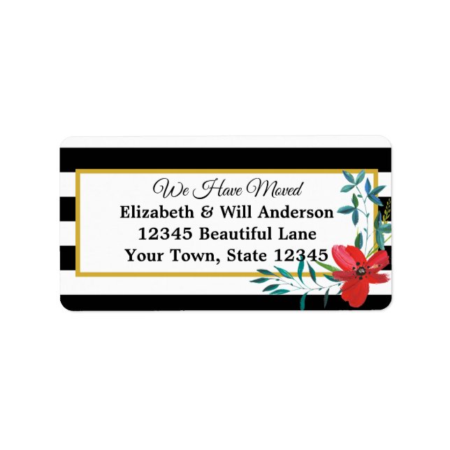 Etiqueta Hemos movido rayas blancas y negras con flores (Frente)