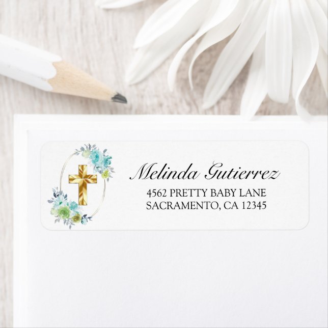 Etiqueta Hermosa Cruz de Oro Azul Floral Niño Baptismo (In situ)