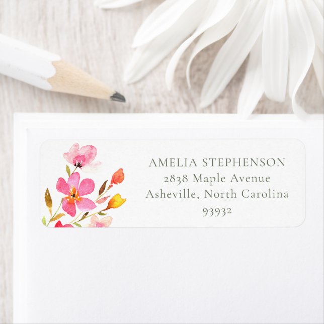 Etiqueta Hermosa dirección de devolución floral acuarela ro (In situ)