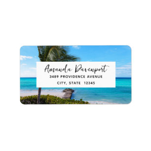 Etiqueta Hermosa dirección de playa tropical con palmera ve