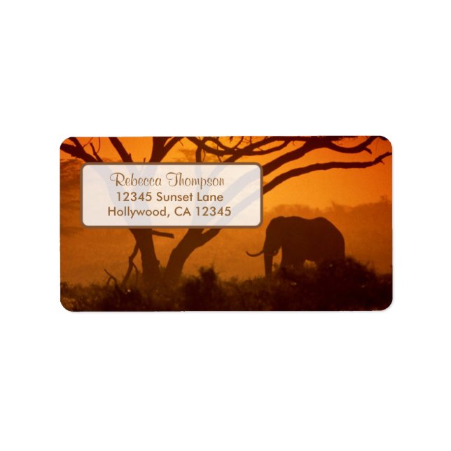 Etiqueta Hermosa silueta elefante y puesta de sol (Frente)