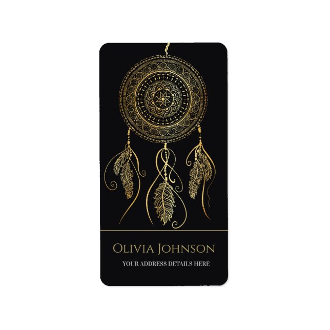 Etiqueta Hermoso Black Gold Dream Catcher Mandala (Frente)