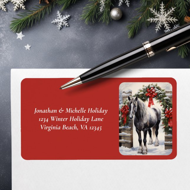 Etiqueta Hermoso caballo, dirección de Navidades de Winter  (Beautiful Grey Horse with Winter Garland Christmas Label)