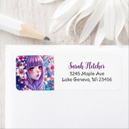 Etiqueta Hermoso Chica de Anime con pelo morado