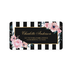 Etiqueta Hermoso floral rosa en acuarela con rayas negras