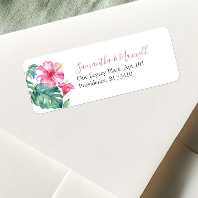 Etiqueta Hibiscus floral rosa playa (return address labels watercolor pink Hibiscus flower art by Victoria Grigaliunas Do Tell A Belle)