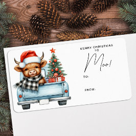 Etiqueta Highland Cow Vintage Blue Truck Feliz Navidad